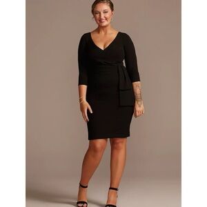 ❤️ Oleg Cassini Black Stretch Jersey Cascade Faux Wrap Style Dress